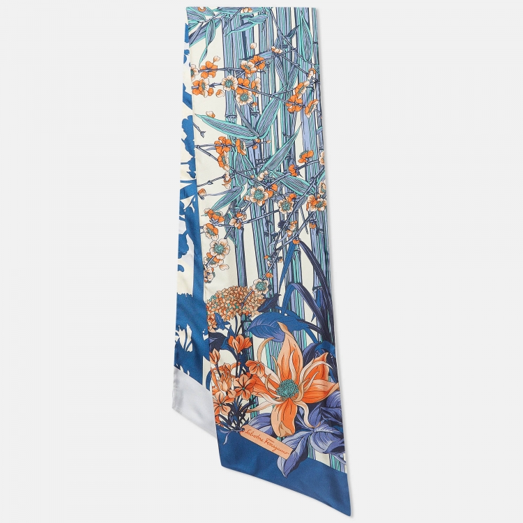Pre Owned Salvatore Ferragamo Blue Printed Silk Scarf 