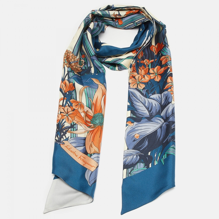Pre Owned Salvatore Ferragamo Blue Printed Silk Scarf 