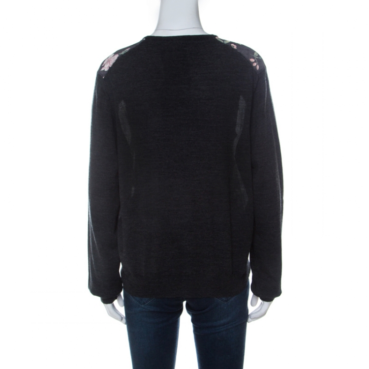 Pre Owned Salvatore Ferragamo Charcoal Grey Knit and Floral Printed Silk Cardigan XL