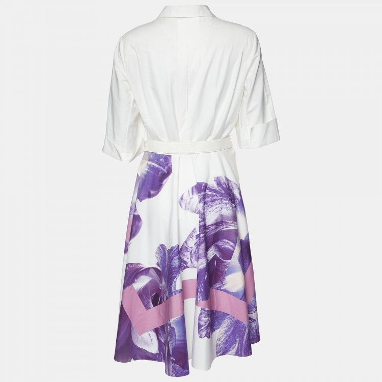 Pre Owned Salvatore Ferragamo Purple/White Printed Cotton Belted Midi Dress M