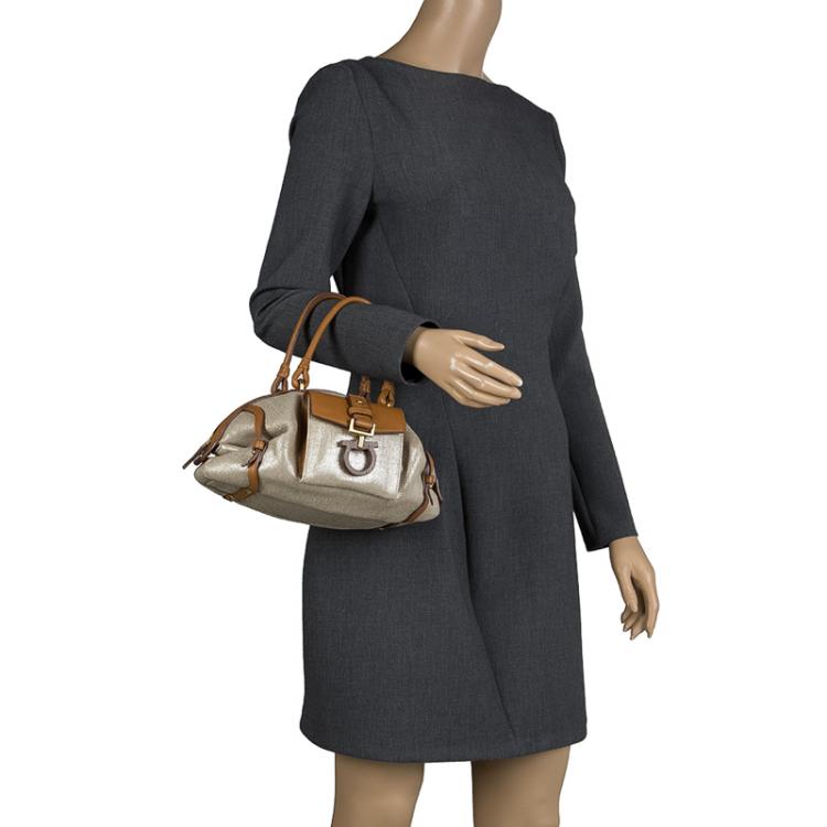 Pre Owned Salvatore Ferragamo Beige/Brown Canvas Mini Satchel