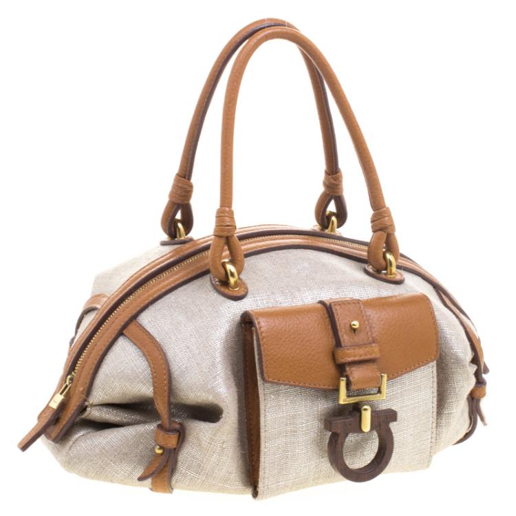 Pre Owned Salvatore Ferragamo Beige/Brown Canvas Mini Satchel