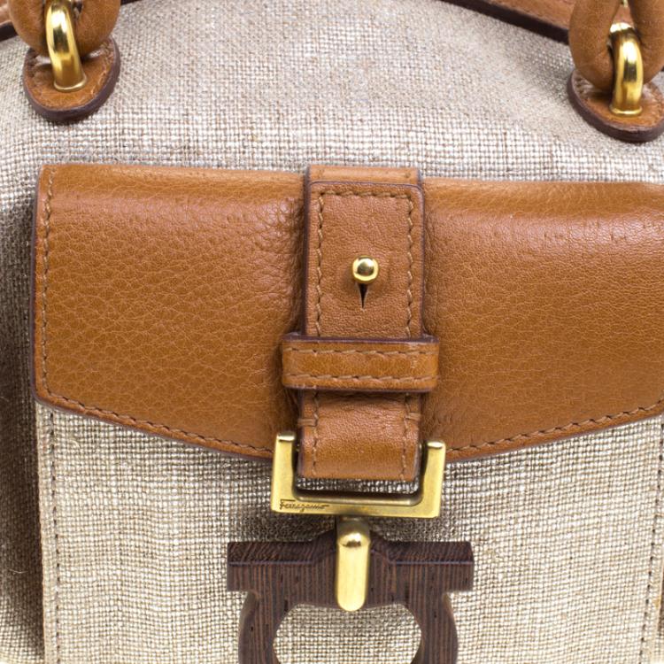 Pre Owned Salvatore Ferragamo Beige/Brown Canvas Mini Satchel