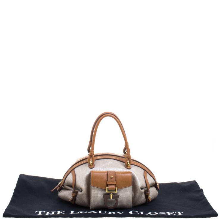 Pre Owned Salvatore Ferragamo Beige/Brown Canvas Mini Satchel