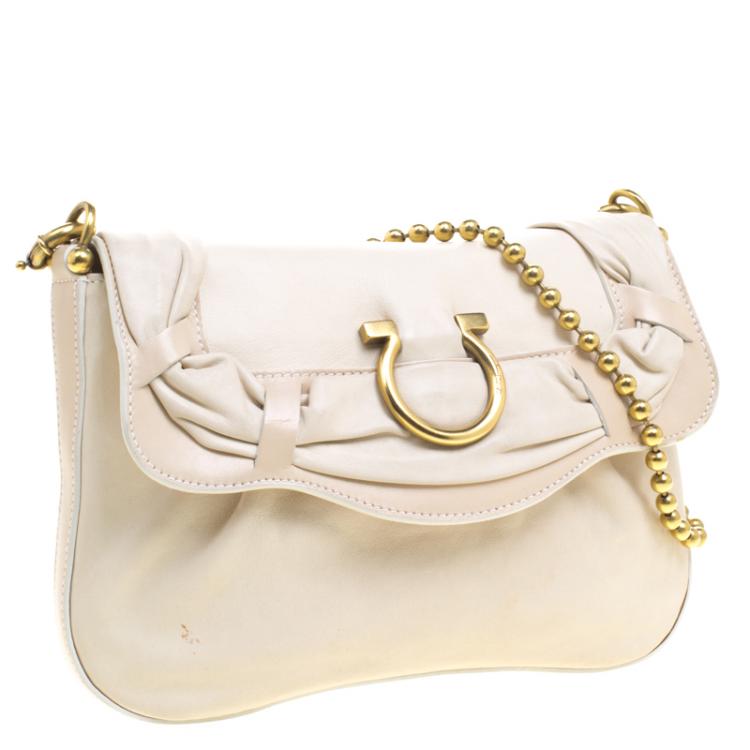 Pre Owned Salvatore Ferragamo Off White Leather Beaded Chain Shoulder Bag