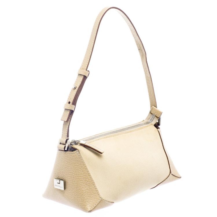Pre Owned Salvatore Ferragamo Beige Canvas and Leather Cosmetic Pouch