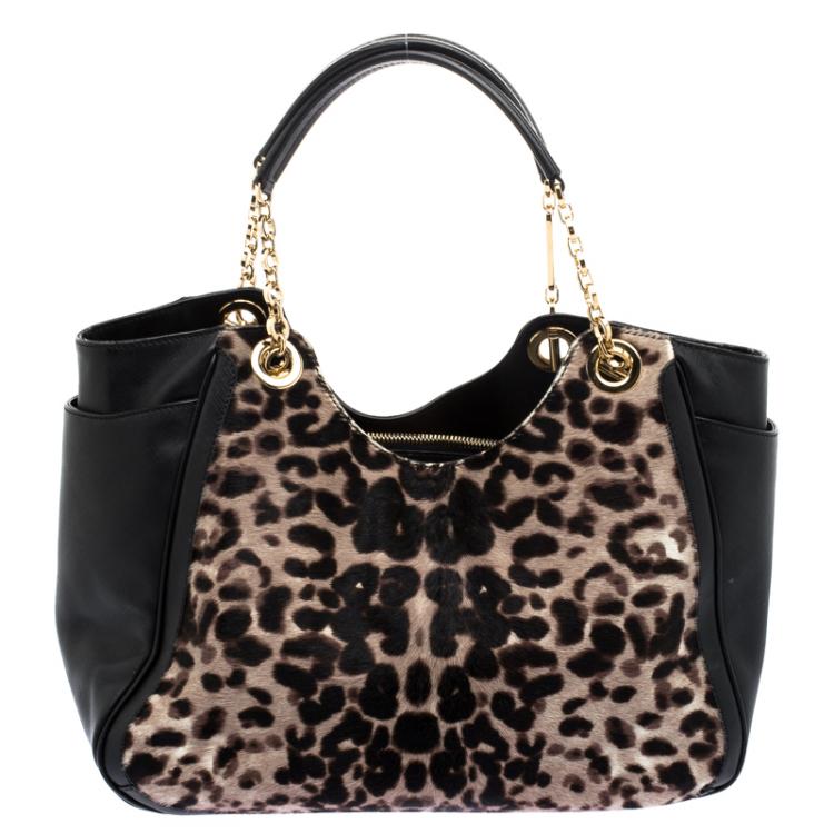 مملوكة مسبقًا Salvatore Ferragamo Black Leopard Print Calf Hair and Leather Betulla Tote