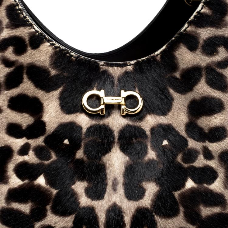 مملوكة مسبقًا Salvatore Ferragamo Black Leopard Print Calf Hair and Leather Betulla Tote