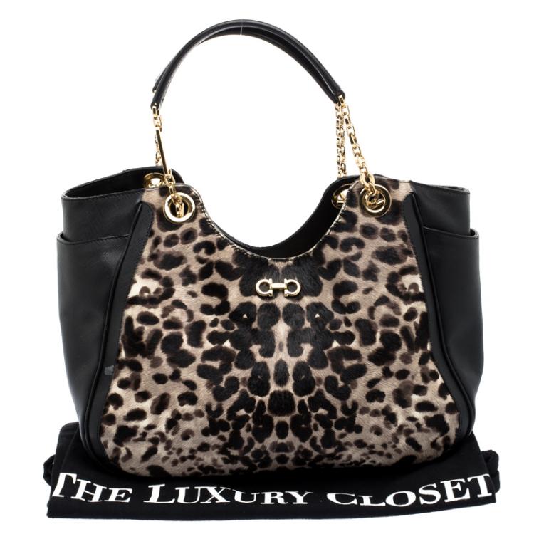 مملوكة مسبقًا Salvatore Ferragamo Black Leopard Print Calf Hair and Leather Betulla Tote