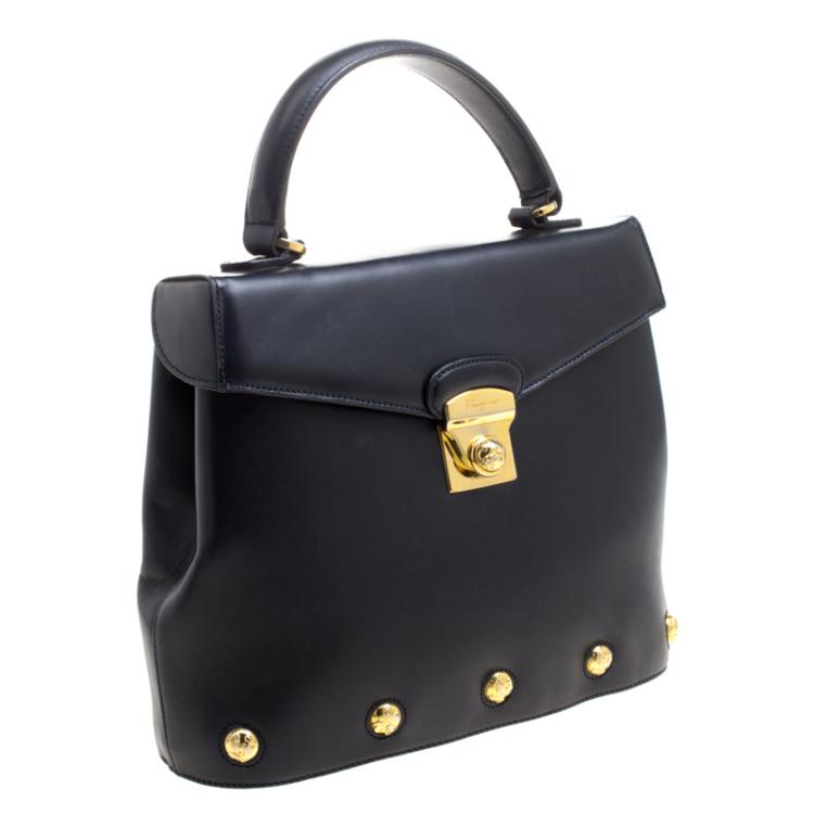 Pre Owned Salvatore Ferragamo Black Leather Vintage Studded Top Handle Bag