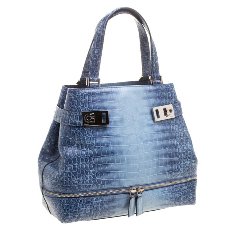 مملوكة مسبقًا Salvatore Ferragamo Blue Ombre Croc Embossed Leather Tote