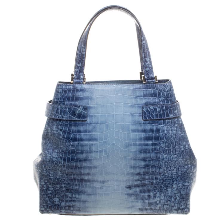 مملوكة مسبقًا Salvatore Ferragamo Blue Ombre Croc Embossed Leather Tote