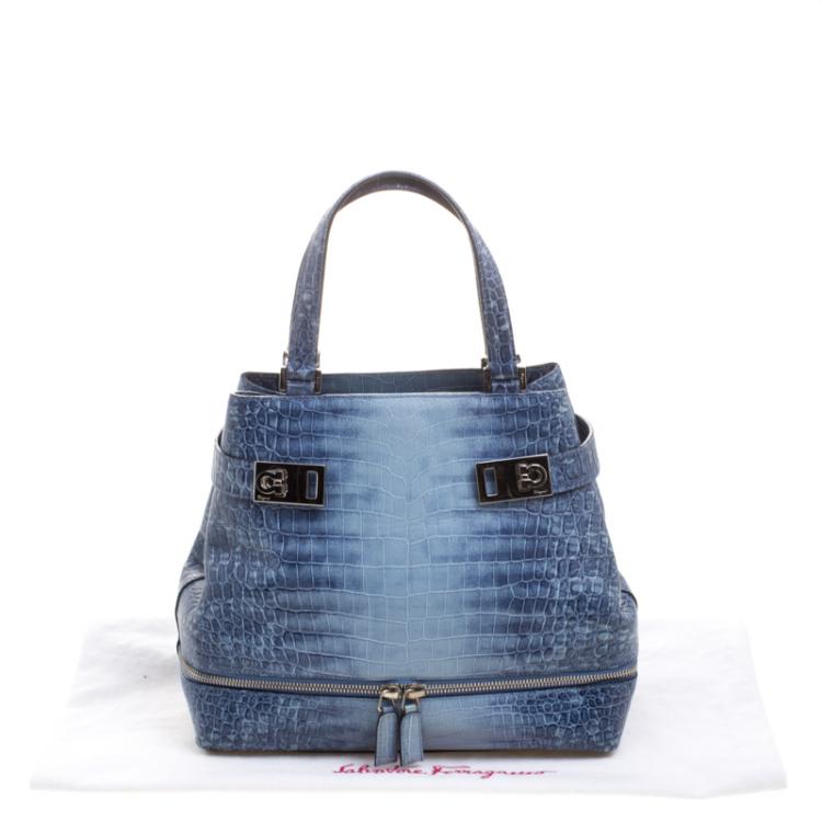 مملوكة مسبقًا Salvatore Ferragamo Blue Ombre Croc Embossed Leather Tote