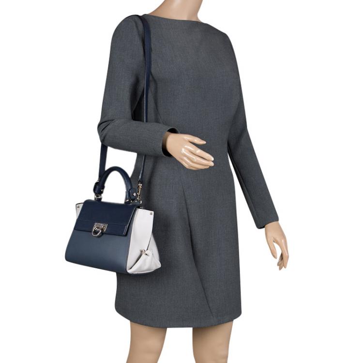 Pre Owned Salvatore Ferragamo Navy Blue/White Leather Sofia Top Handle Bag
