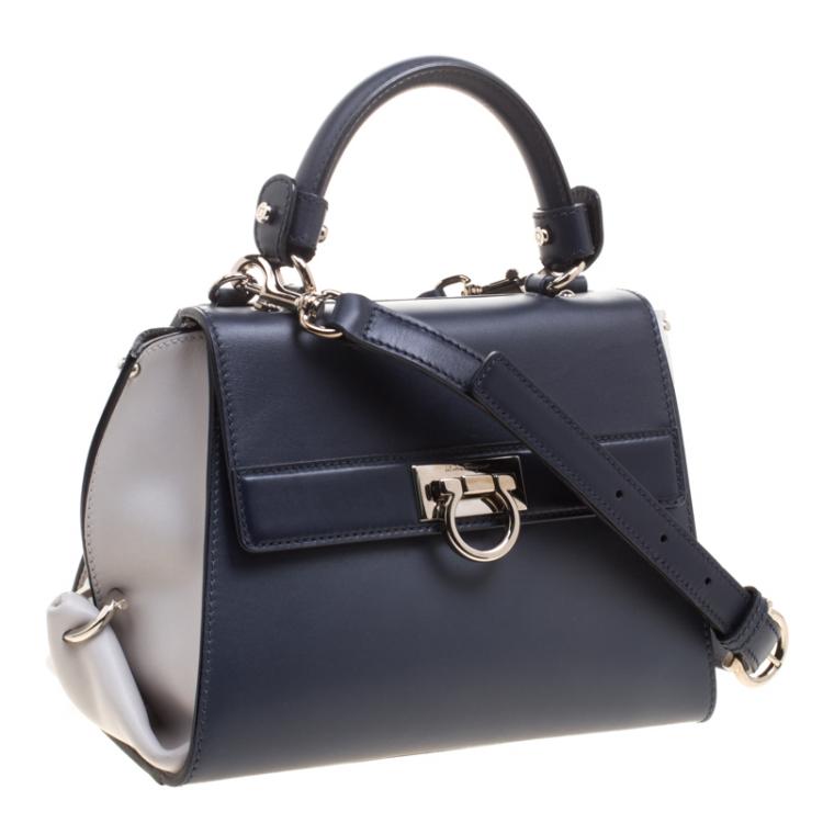 Pre Owned Salvatore Ferragamo Navy Blue/White Leather Sofia Top Handle Bag