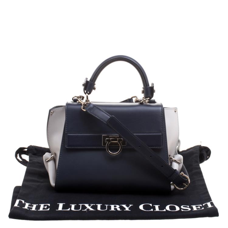 Pre Owned Salvatore Ferragamo Navy Blue/White Leather Sofia Top Handle Bag