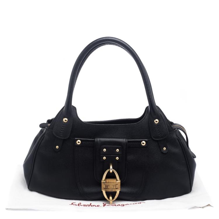 Pre Owned Salvatore Ferragamo Black Leather Wicker Padlock Satchel