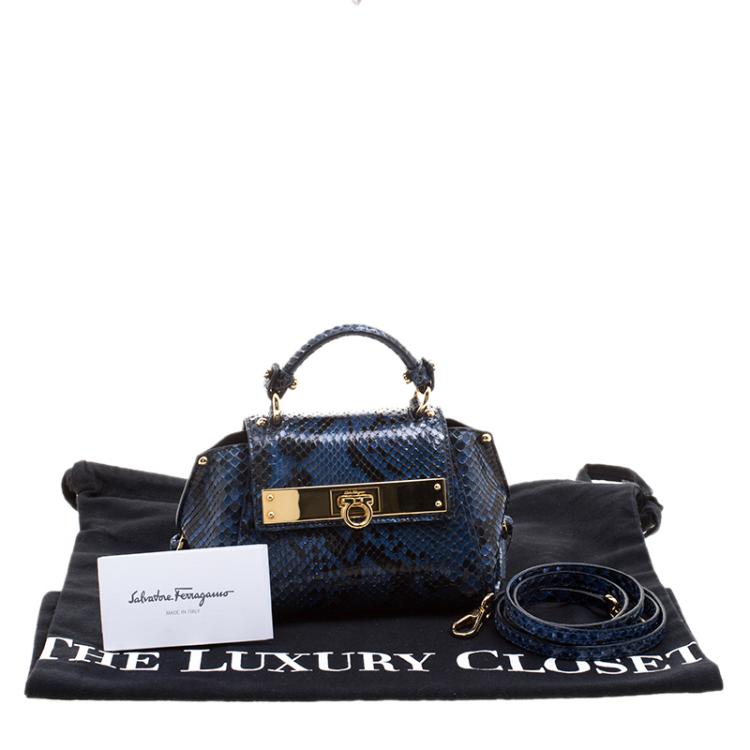 Pre Owned Salvatore Ferragamo Blue Python Mini Sofia Crossbody Bag