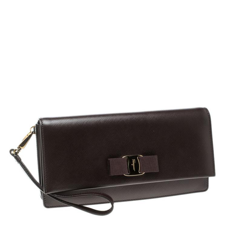 Pre Owned Salvatore Ferragamo Dark Burgundy Leather Miss Vara Bow Clutch