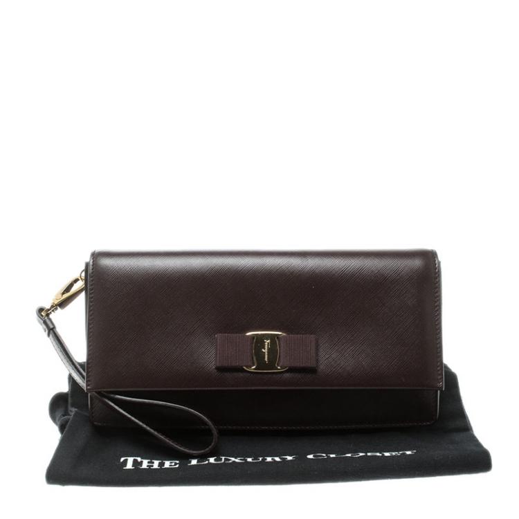 Pre Owned Salvatore Ferragamo Dark Burgundy Leather Miss Vara Bow Clutch