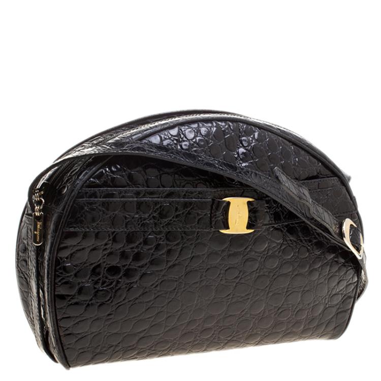 Pre Owned Salvatore Ferragamo Black Croc Embossed Leather Crossbody Bag