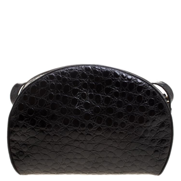 Pre Owned Salvatore Ferragamo Black Croc Embossed Leather Crossbody Bag