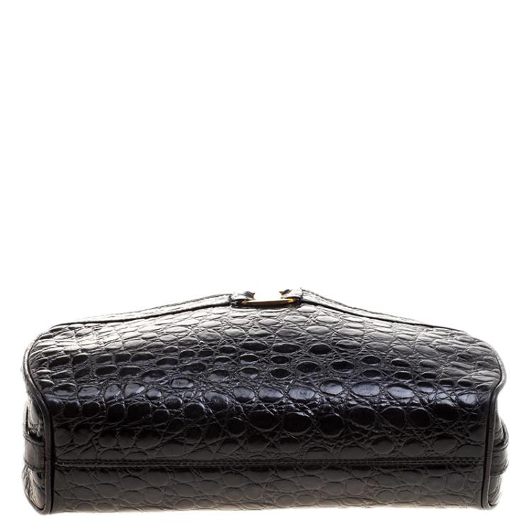 Pre Owned Salvatore Ferragamo Black Croc Embossed Leather Crossbody Bag