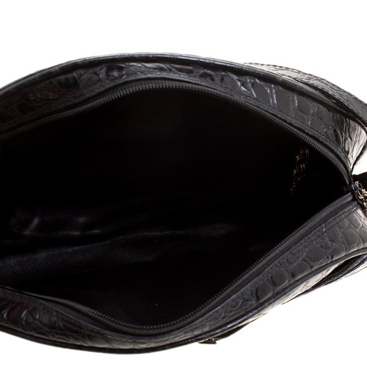 Pre Owned Salvatore Ferragamo Black Croc Embossed Leather Crossbody Bag