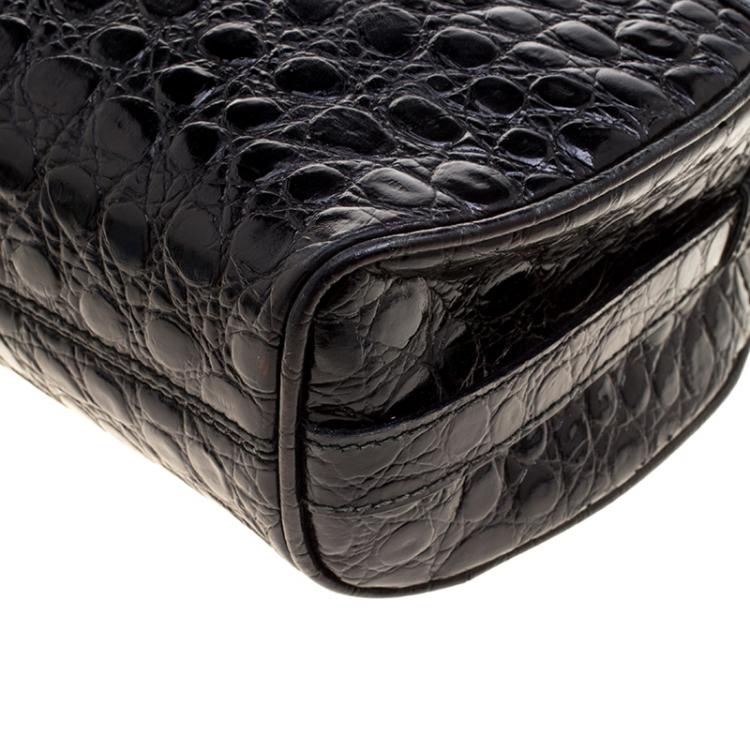 Pre Owned Salvatore Ferragamo Black Croc Embossed Leather Crossbody Bag