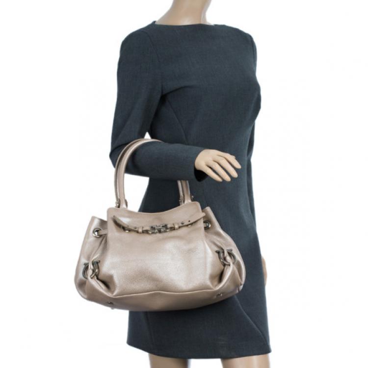 Pre Owned Salvatore Ferragamo Metallic Grey Leather Gancini Detail Handbag