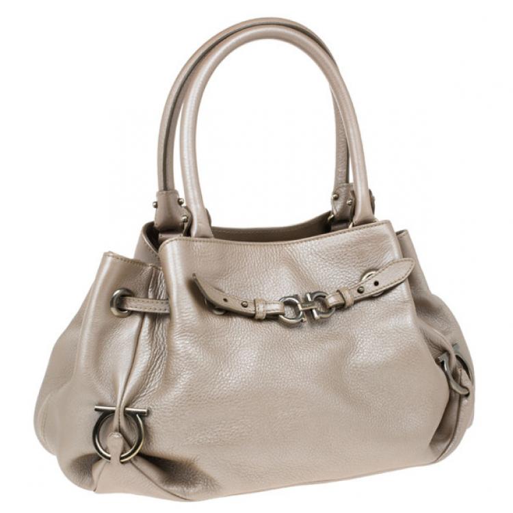 Pre Owned Salvatore Ferragamo Metallic Grey Leather Gancini Detail Handbag