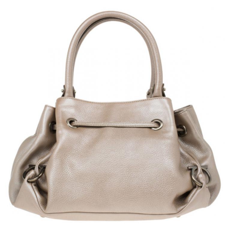 Pre Owned Salvatore Ferragamo Metallic Grey Leather Gancini Detail Handbag