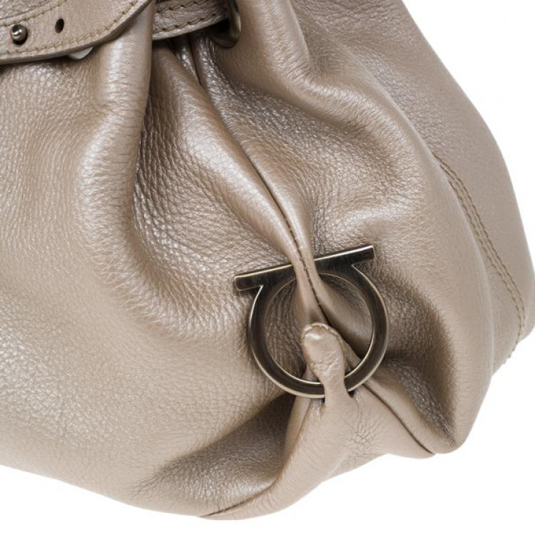 Pre Owned Salvatore Ferragamo Metallic Grey Leather Gancini Detail Handbag