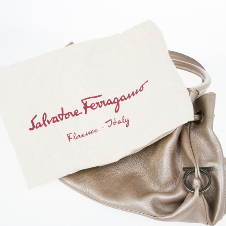 Pre Owned Salvatore Ferragamo Metallic Grey Leather Gancini Detail Handbag