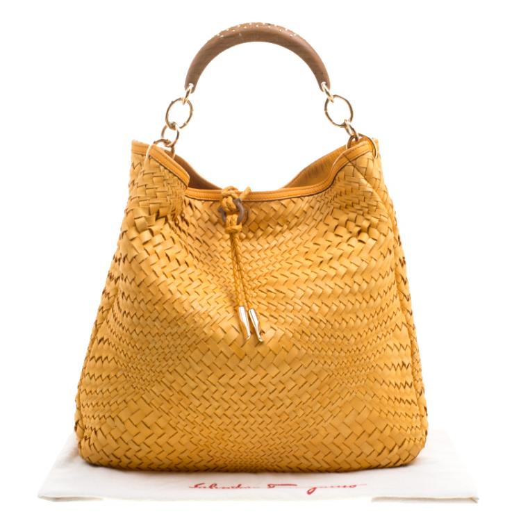 Pre Owned Salvatore Ferragamo Mustard Leather Ceyla Braided Top Handle Bag