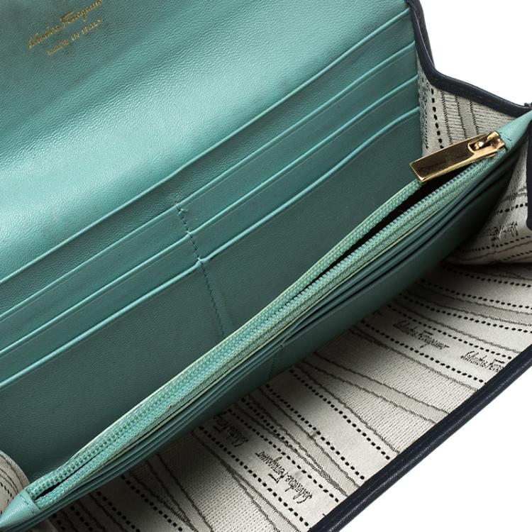 Pre Owned Salvatore Ferragamo Navy Blue And Green Leather Continental Wallet