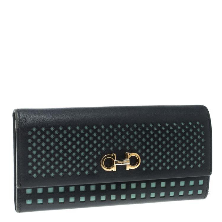 Pre Owned Salvatore Ferragamo Navy Blue And Green Leather Continental Wallet