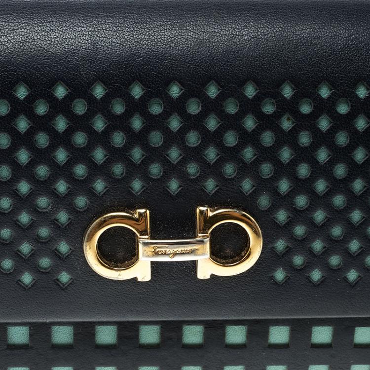 Pre Owned Salvatore Ferragamo Navy Blue And Green Leather Continental Wallet