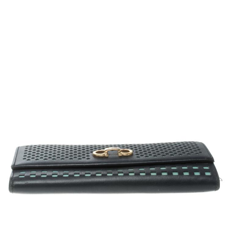 Pre Owned Salvatore Ferragamo Navy Blue And Green Leather Continental Wallet