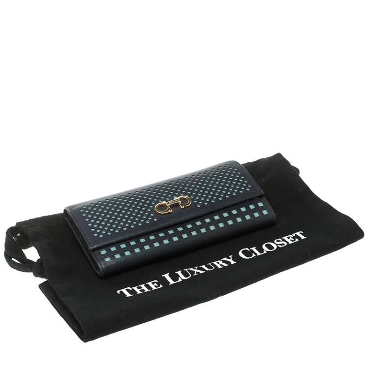 Pre Owned Salvatore Ferragamo Navy Blue And Green Leather Continental Wallet