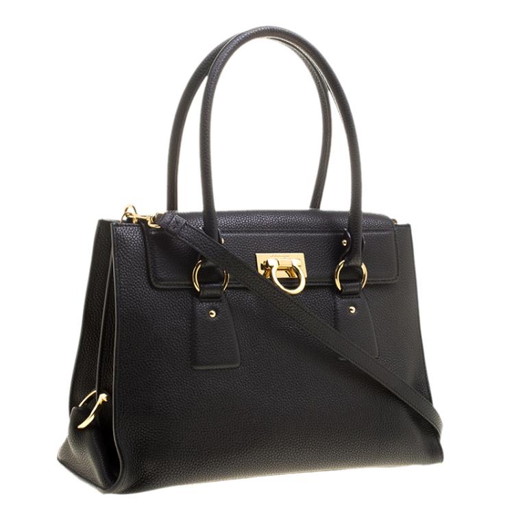 Pre Owned Salvatore Ferragamo Black Leather Gancio Lock Tote