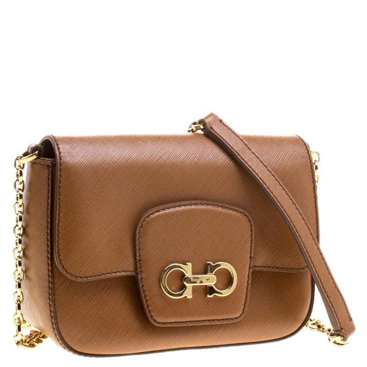 Pre Owned Salvatore Ferragamo Tan Saffiano Leather Paris Crossbody Bag