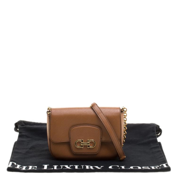 Pre Owned Salvatore Ferragamo Tan Saffiano Leather Paris Crossbody Bag