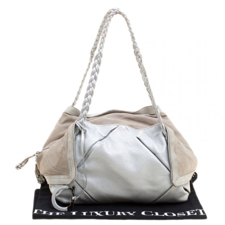 Pre Owned Salvatore Ferragamo Silver Leather and Suede Bowling Bag