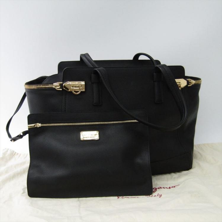 Pre Owned Salvatore Ferragamo Black Pebbled Leather Verve Tote