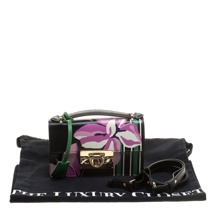 Pre Owned Salvatore Ferragamo Black Floral Painted Leather Aileen Top Handle Bag