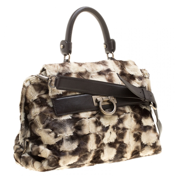 Pre Owned Salvatore Ferragamo Cream/Brown Fur and Leather Medium Sofia Satchel