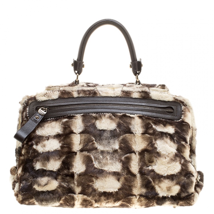Pre Owned Salvatore Ferragamo Cream/Brown Fur and Leather Medium Sofia Satchel