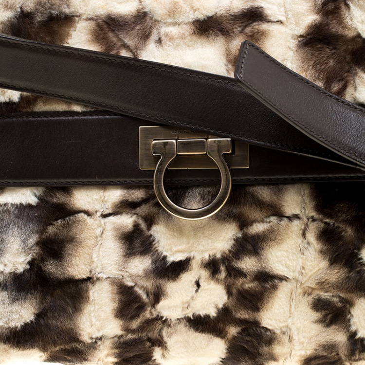 Pre Owned Salvatore Ferragamo Cream/Brown Fur and Leather Medium Sofia Satchel