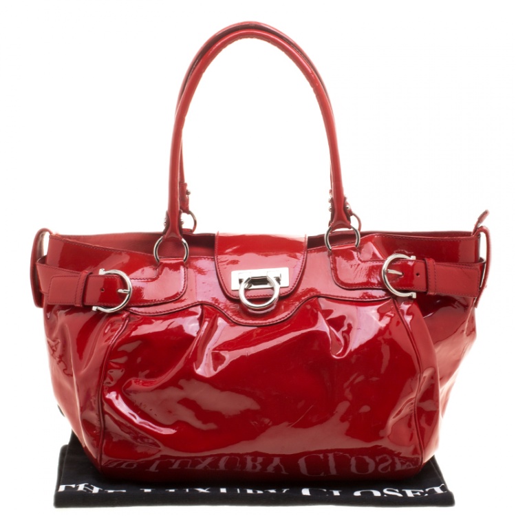 Pre Owned Salvatore Ferragamo Red Patent Leather Marisa Satchel 